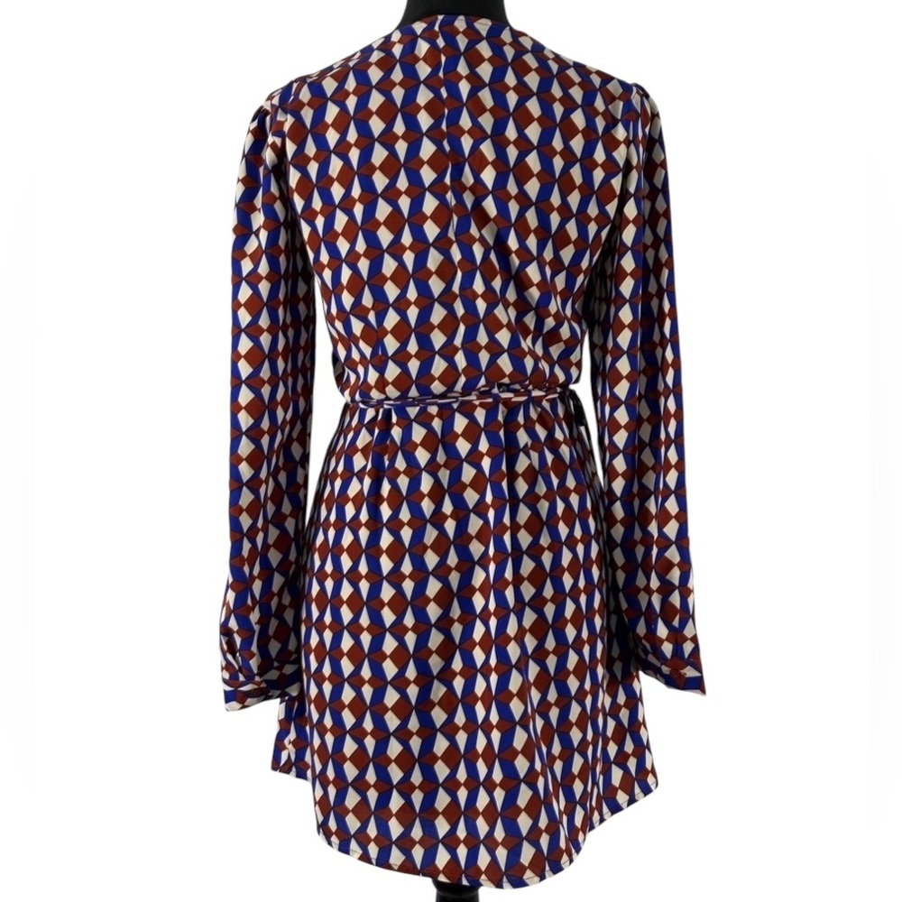 Geometric Blue,Burgundy Patterned Long Sleeve,Wrap Dress,Small - Picture 5 of 9